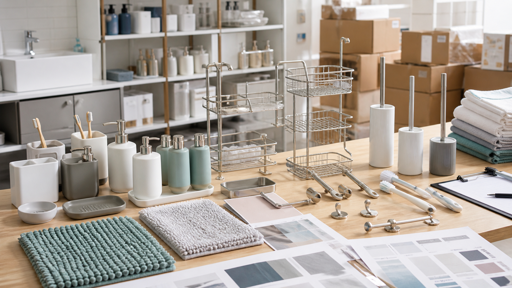 Bathroom goods assortment with storage, cleaning, bath, and hygiene organization items