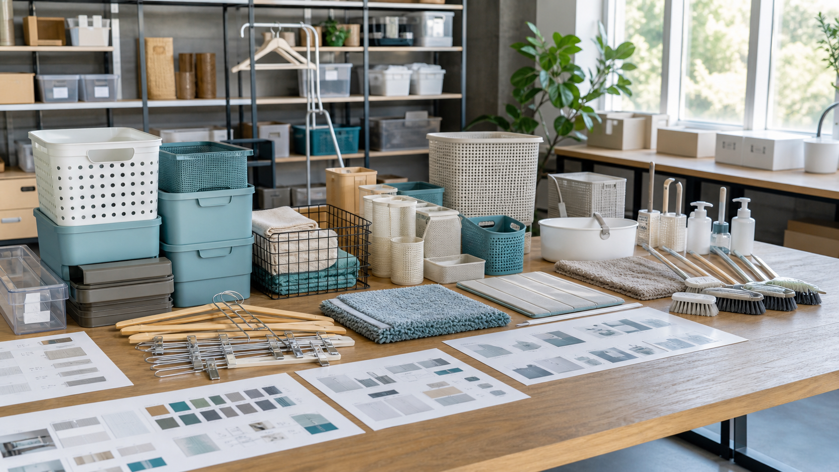 Coordinated home living goods display with storage, cleaning, and household utility categories