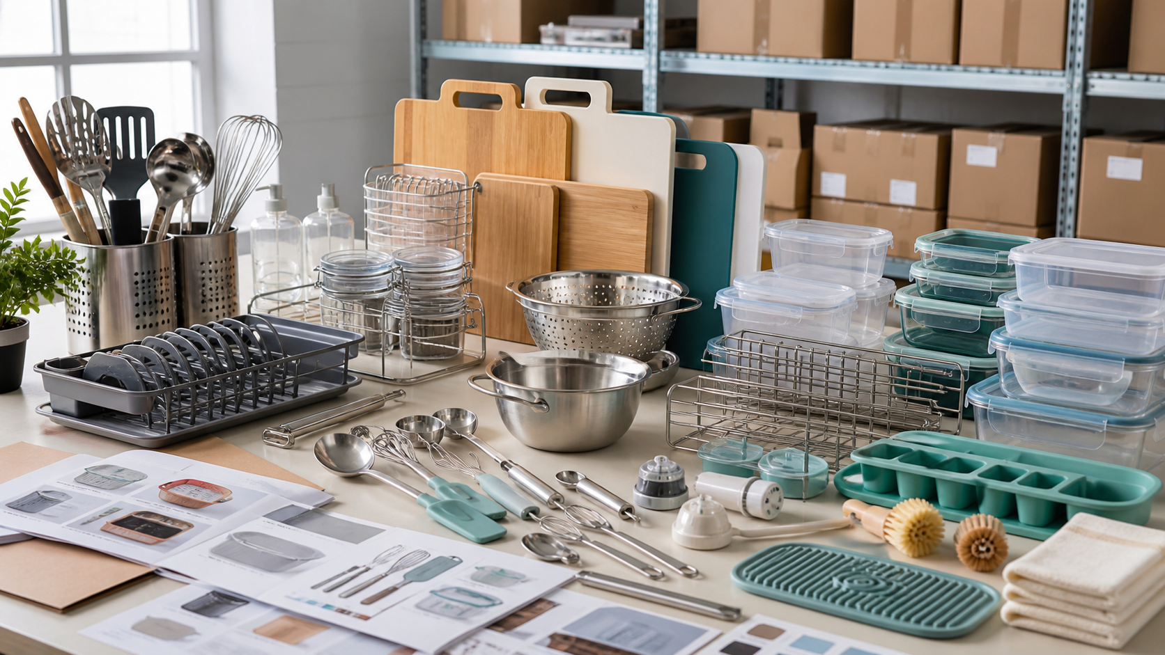 Kitchen goods assortment with tools, storage, cleaning accessories, and table-use items