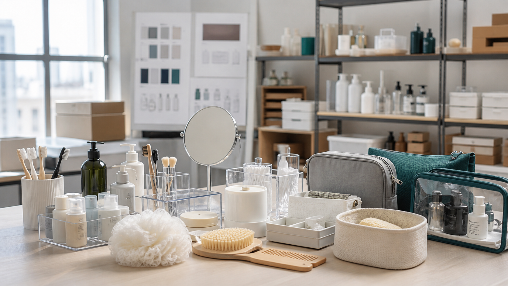 Organized personal care goods and hygiene accessories prepared for B2B review