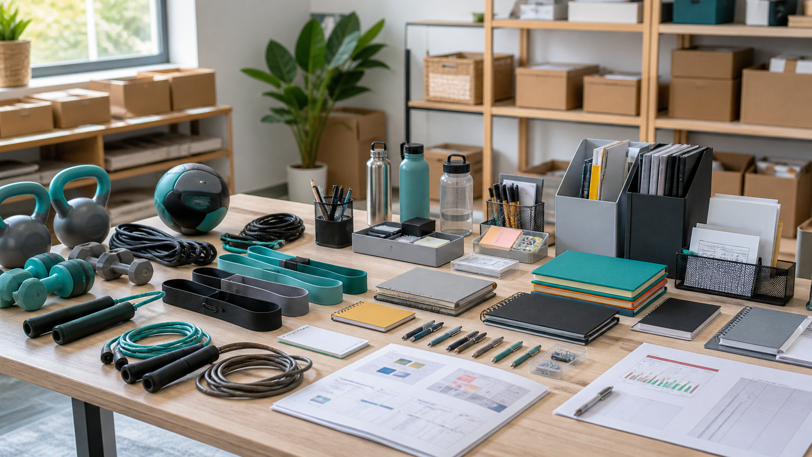 Sports and stationery goods arranged for retail and institutional B2B coordination