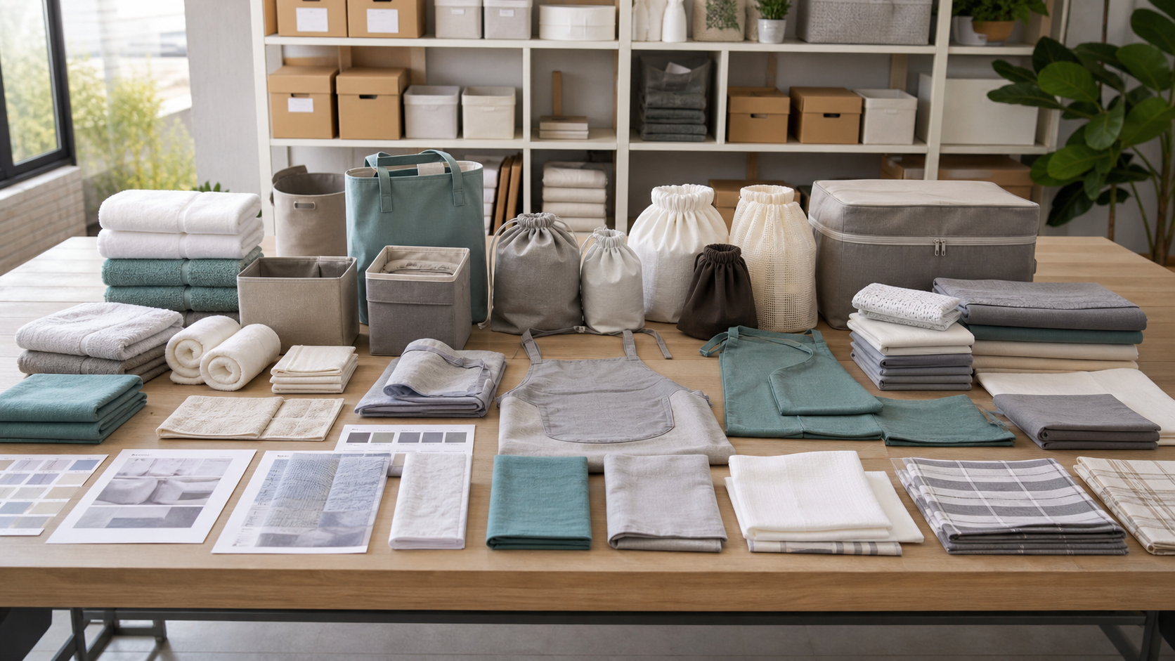 Daily-use textile goods including towels, home textiles, fabric organizers, cleaning cloths, and aprons